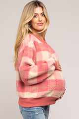 Coral Plaid Fuzzy Knit Maternity Pullover Sweater