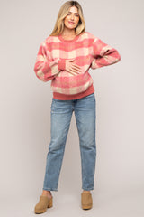 Coral Plaid Fuzzy Knit Maternity Pullover Sweater