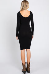 Black Ribbed Knit Long Sleeve Fitted Dress