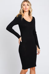 Black Ribbed Knit Long Sleeve Fitted Dress