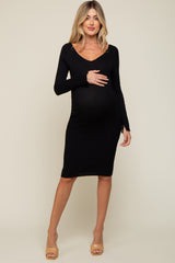 Black Ribbed Knit Long Sleeve Fitted Maternity Dress