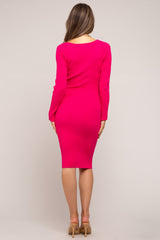 Fuchsia Ribbed Knit Fitted Long Sleeve Maternity Dress