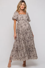 Grey Floral Square Neck Short Puff Sleeve Maternity Maxi Dress