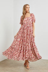 Pink Floral Puff Sleeve Maxi Dress