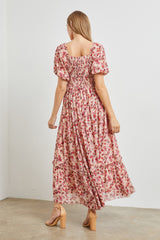 Pink Floral Puff Sleeve Maxi Dress