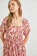 Pink Floral Puff Sleeve Maxi Dress