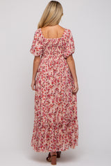 Pink Floral Puff Sleeve Maternity Maxi Dress