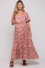 Pink Floral Puff Sleeve Maternity Maxi Dress