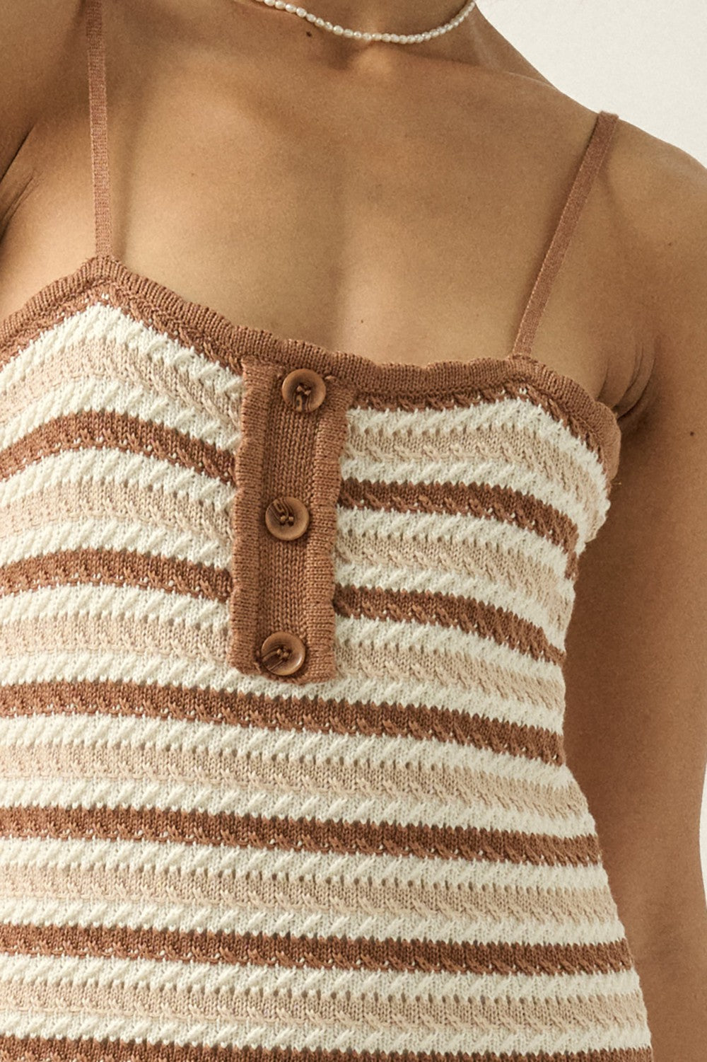 Taupe Striped Crochet Knit Mini Cami Sweater Dress