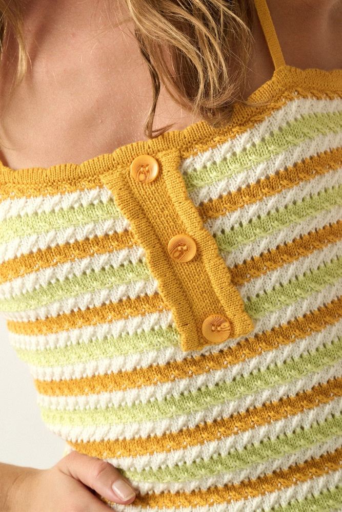 Yellow Striped Crochet Knit Mini Cami Sweater Dress