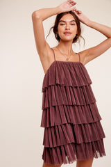 Brown Ruffled Tulle Mini Dress