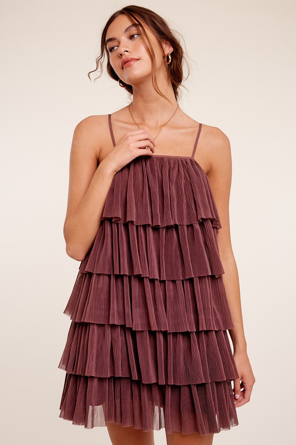 Brown Ruffled Tulle Mini Dress