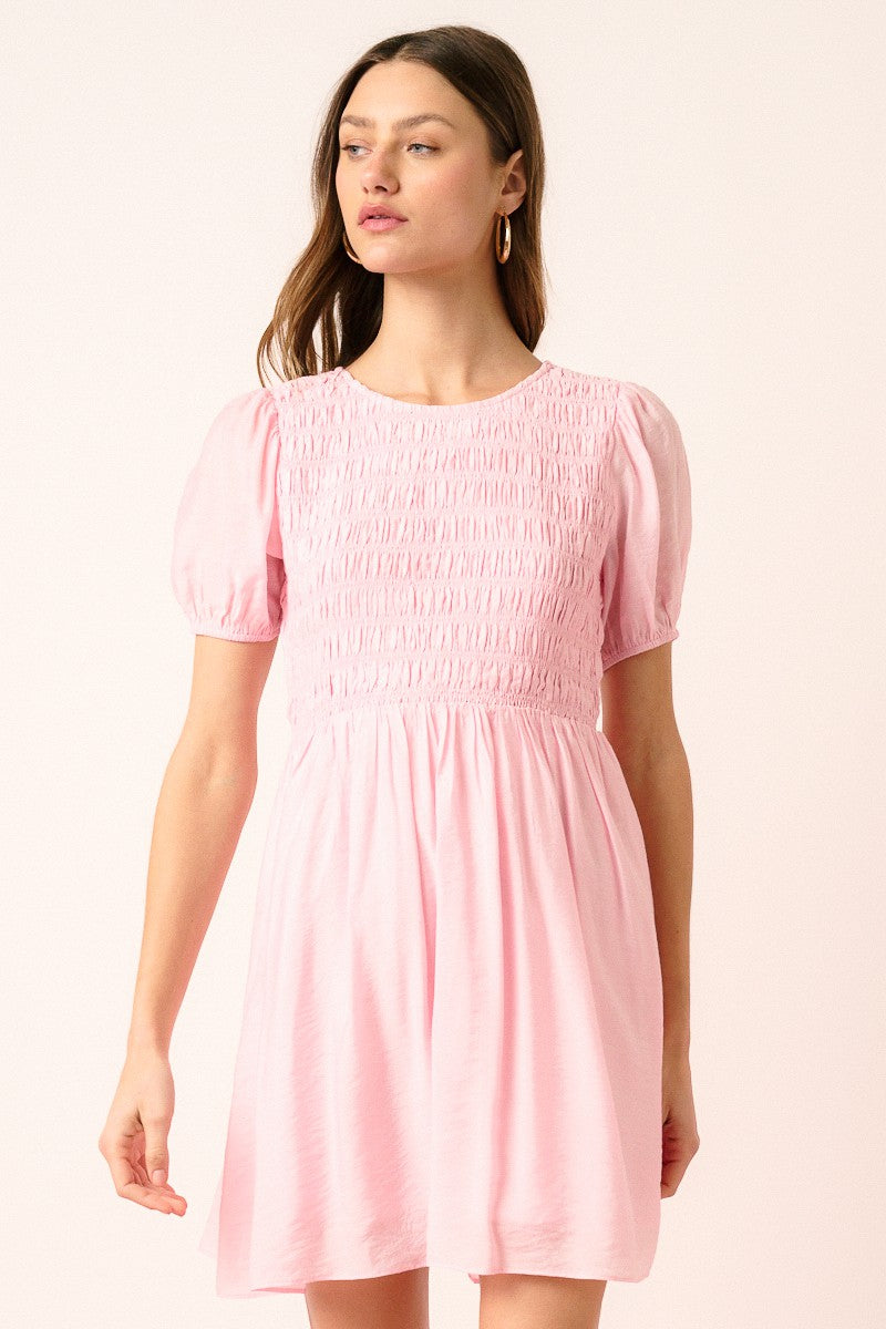 Pink Smocking Detail Puff Sleeve Mini Dress