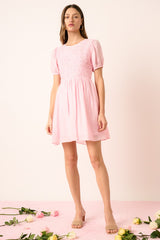 Pink Smocking Detail Puff Sleeve Mini Dress