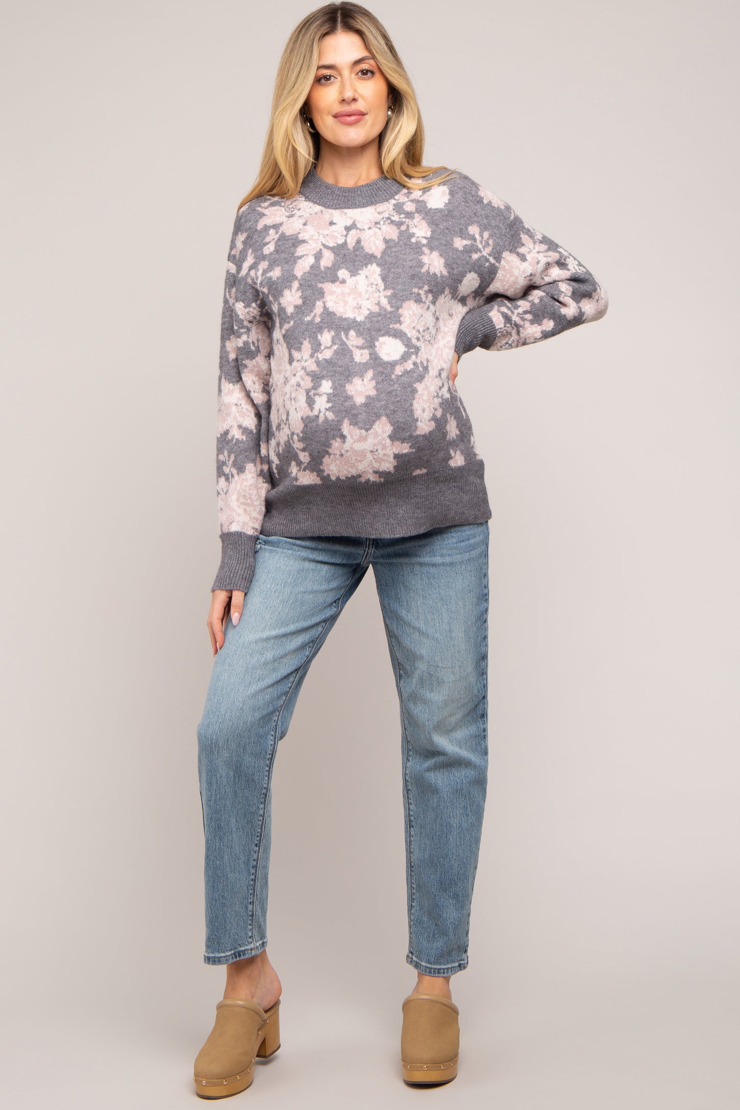 Grey Floral Maternity Sweater