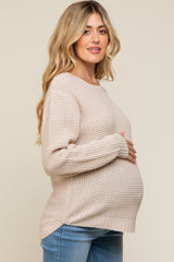 Beige Waffle Knit Round Hem Maternity Sweater