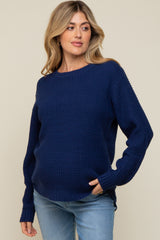 Navy Blue Waffle Knit Round Hem Maternity Sweater