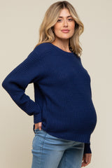 Navy Blue Waffle Knit Round Hem Maternity Sweater