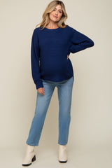 Navy Blue Waffle Knit Round Hem Maternity Sweater