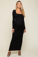 Black Ribbed Long Sleeve Square Neck Maternity Maxi Dress