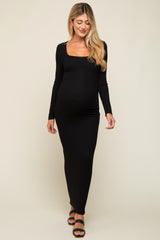 Black Ribbed Long Sleeve Square Neck Maternity Maxi Dress