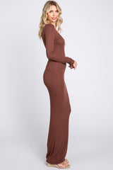 Brown Ribbed Long Sleeve Square Neck Maxi Dress