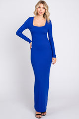 Royal Ribbed Long Sleeve Square Neck Maxi Dress