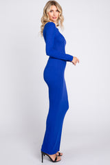 Royal Ribbed Long Sleeve Square Neck Maxi Dress