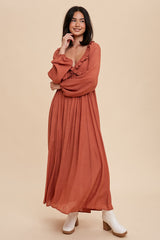 Rust Long Sleeve Ruffle Accent Maxi Dress