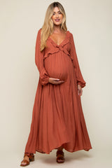 Rust Long Sleeve Ruffle Accent Maternity Maxi Dress