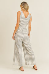 Ivory Stripe Linen Waist Tie Jumpsuit