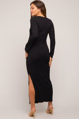 Black Ribbed Side Slit Maternity Maxi Dress