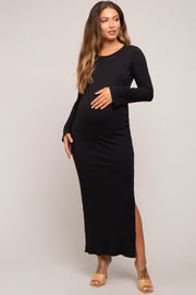 Black Ribbed Side Slit Maternity Maxi Dress