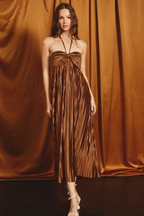 Brown Pleated Halter Maxi Dress