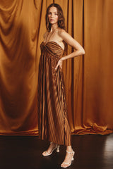 Brown Pleated Halter Maxi Dress