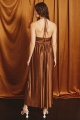 Brown Pleated Halter Maxi Dress