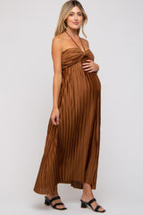 Brown Pleated Halter Maternity Maxi Dress