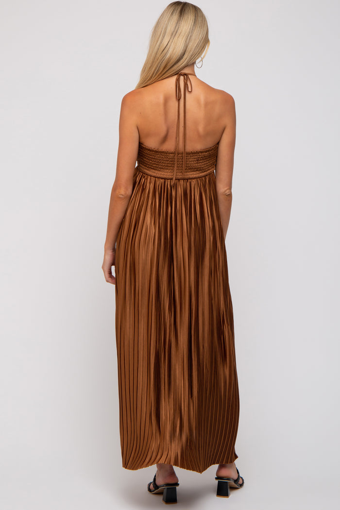 Brown Pleated Halter Maternity Maxi Dress