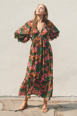 Camel Floral Ruffle Accent Deep V-Neck Maternity Maxi Dress