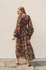 Camel Floral Ruffle Accent Deep V-Neck Maxi Dress