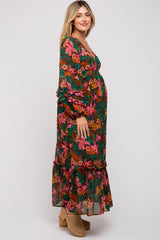 Camel Floral Ruffle Accent Deep V-Neck Maternity Maxi Dress