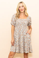 Taupe Floral Smocked Square Neck Short Sleeve Maternity Dress