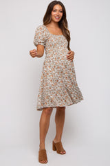 Taupe Floral Smocked Square Neck Short Sleeve Maternity Dress