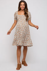 Taupe Floral Smocked Square Neck Short Sleeve Maternity Dress