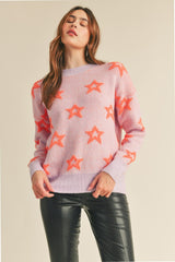 Lilac Orange Crew Neck Sweater With Fuzzy Stars