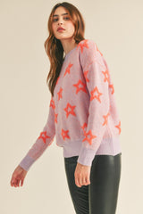 Lilac Orange Crew Neck Sweater With Fuzzy Stars