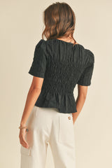 Black Textured Fabric With Smocking Body Top