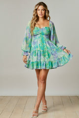 Green Multi Watercolor Print Smocked Mini Dress