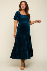 Teal Velvet Tiered Maternity Midi Dress