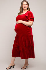 Red Velvet Tiered Maternity Plus Midi Dress